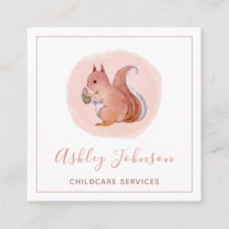 Watercolor Pink Baby Squirrel Childcare Services   Square