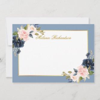 Watercolor Pink Floral Dusty Blue - Choose Size - Note Card