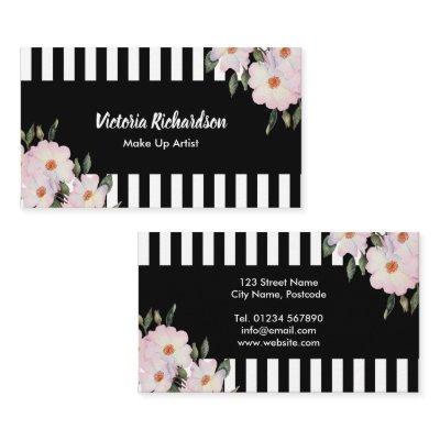 Watercolor Pink Roses Painting Black White Stripes