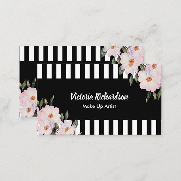 Watercolor Pink Roses Painting Black White Stripes
