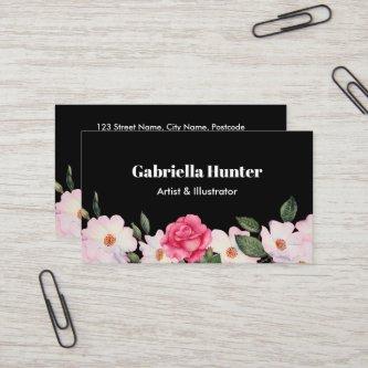 Watercolor Pink White Roses Ballerina Floral Black
