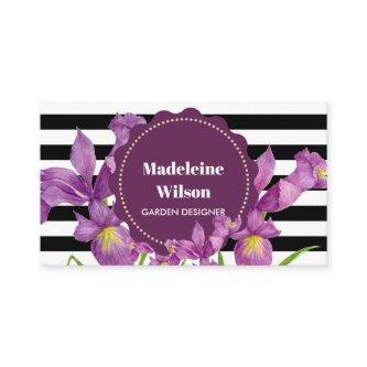 Watercolor Purple Iris Black White Stripes Pattern