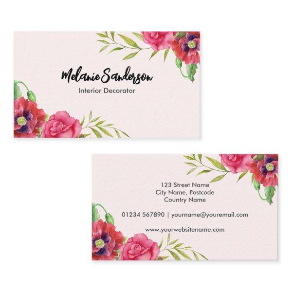 Watercolor Red and Pink Flowers on Dark Navy Blue