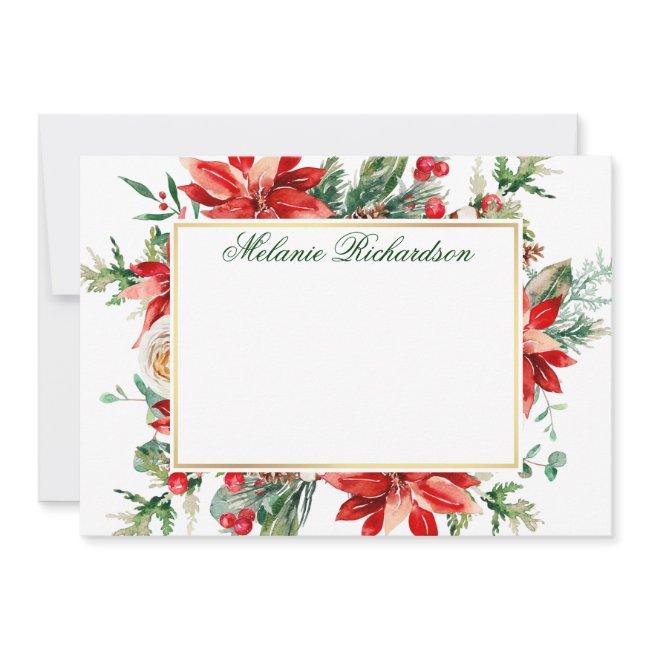 Watercolor Red Poinsettia Floral Gold Greenery Note Card