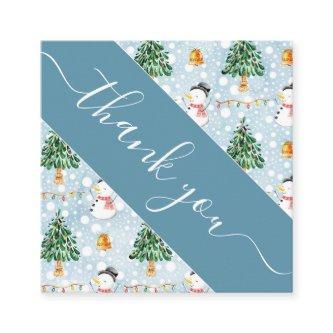 Watercolor Snowman Christmas Tree Blue Thank You  Square