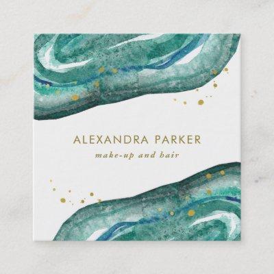 Watercolor Teal and Faux Gold Geode | Square Square