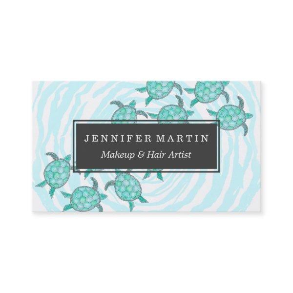 Watercolor Teal Sea Turtles on Swirly Stripes