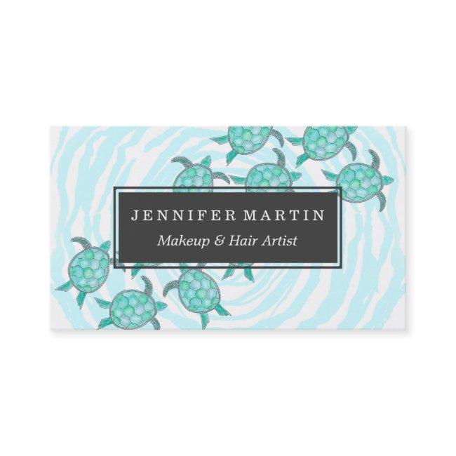 Watercolor Teal Sea Turtles on Swirly Stripes
