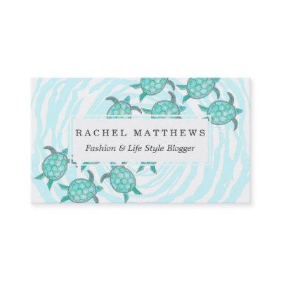 Watercolor Teal Sea Turtles on Swirly Stripes