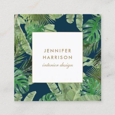 Watercolor Tropical Leaves Pattern on Dark Blue Square