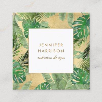 Watercolor Tropical Leaves Pattern on Faux Gold Square