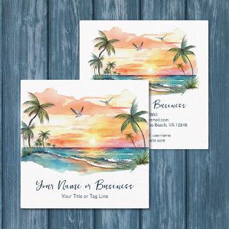 Watercolor Tropical Palm Tree Beach Sunset Square