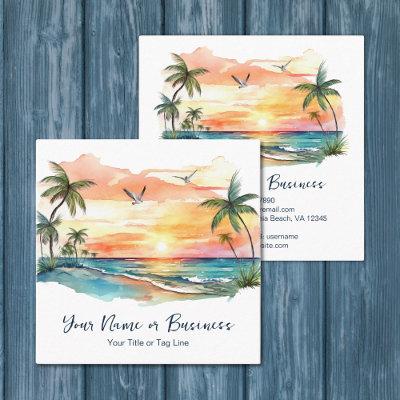 Watercolor Tropical Palm Tree Beach Sunset Square