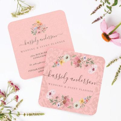 Watercolor Wildflowers Floral Wreath Pink Square