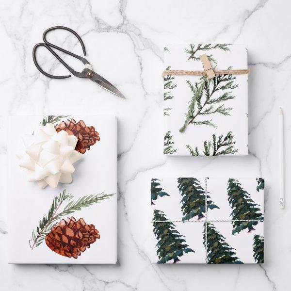 Watercolor Winter Christmas Tree Pine Branch Cones Wrapping Paper Sheets
