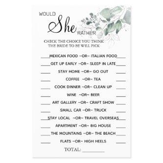 Watercolor Would She Rather shower game card Flyer