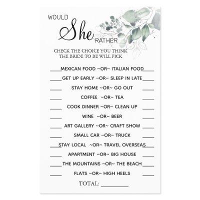Watercolor Would She Rather shower game card Flyer