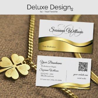 Wavy Gold Decor on Light Gray and Initials QR Code