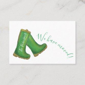 "We have moved" green welly boot