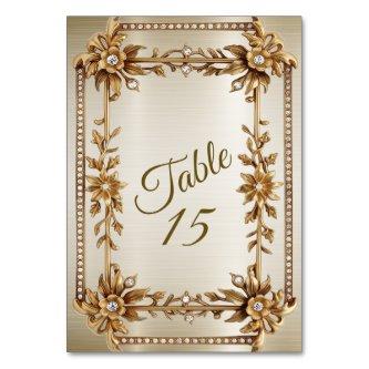 Wedding Gold Ornate Rectangle Dimond Flowers Shiny Table Number