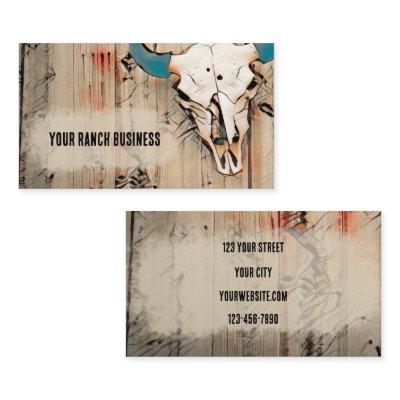 Western Bull Skull Rustic Barn Teal Brown Vintage