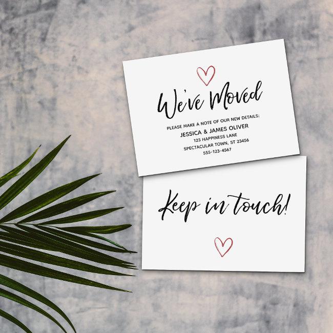 "We've Moved" Modern Handwriting, Red Heart Card