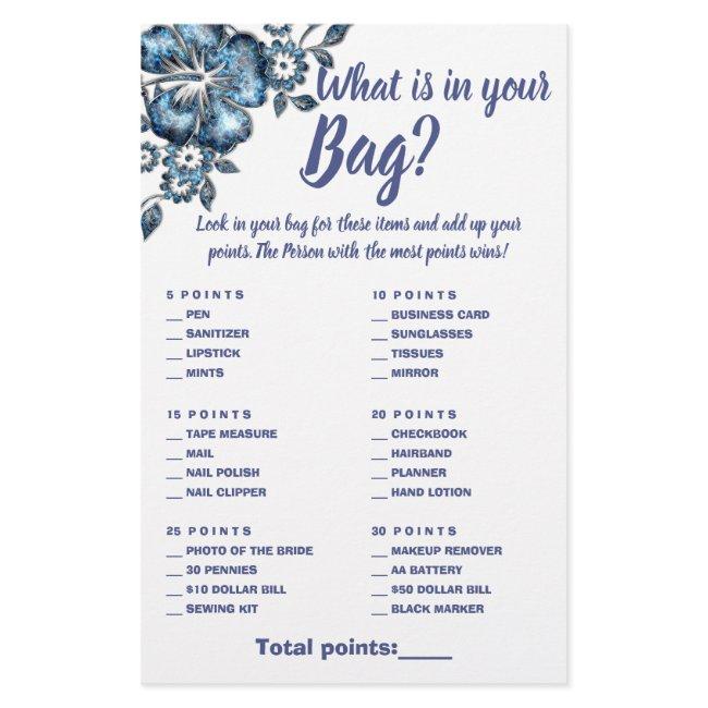 What is in your Bag Shower Game Card Blue Flower Flyer
