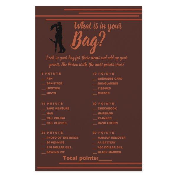 What is in your Bag Shower Game Card Dark Flyer
