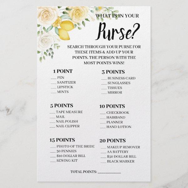What is in your Purse Lemon&Roses Shower Game Card Flyer