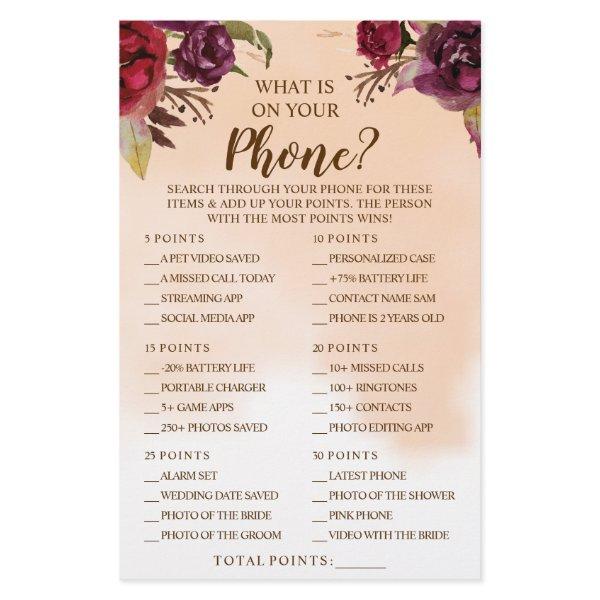 What is on your Phone Burgundy Shower Game Card Flyer