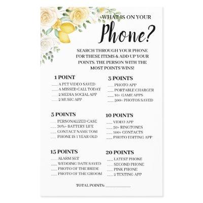 What is on your Phone Lemon&Roses Shower Game Card Flyer