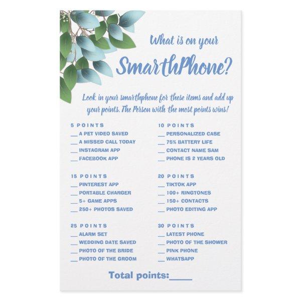 What is on your Phone Shower Game Card Eucalyptus Flyer