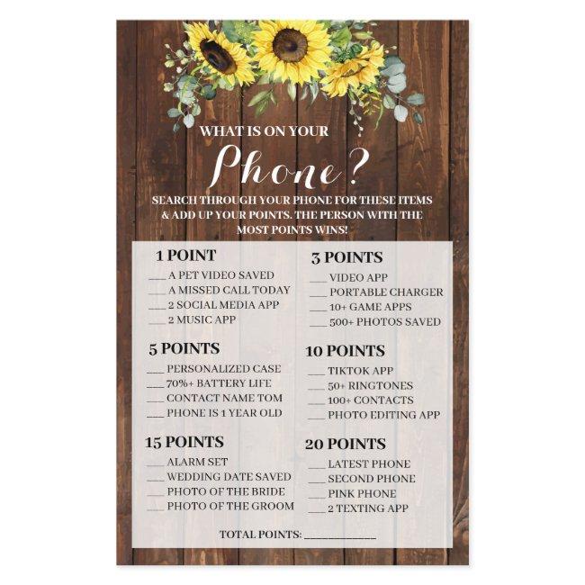 What is on your Phone Sunflowers Shower Game Card Flyer