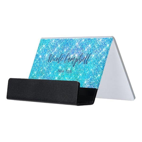 Whimsical blue aqua faux Glitter Desk  Holder