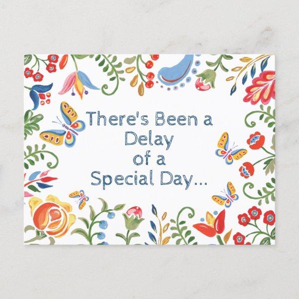 Whimsical Change Delay the Date Customized Floral Announcement Postcard