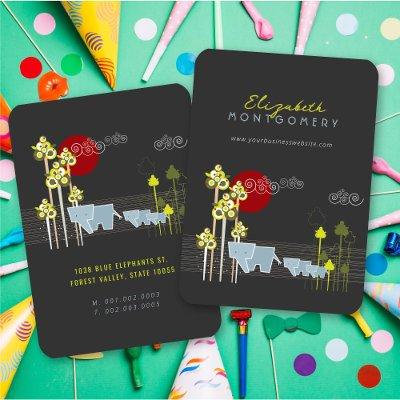 Whimsical Elephant Family In The Forest & Red Sun