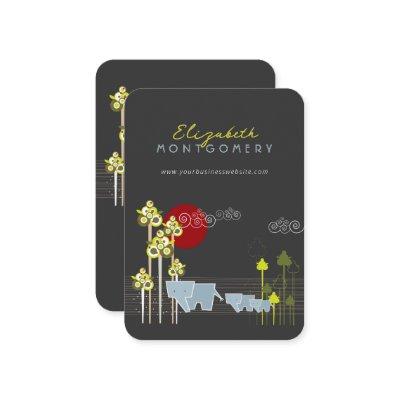 Whimsical Elephant Family In The Forest & Red Sun