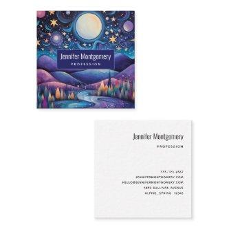 Whimsical Night Big Moon Landscape Square