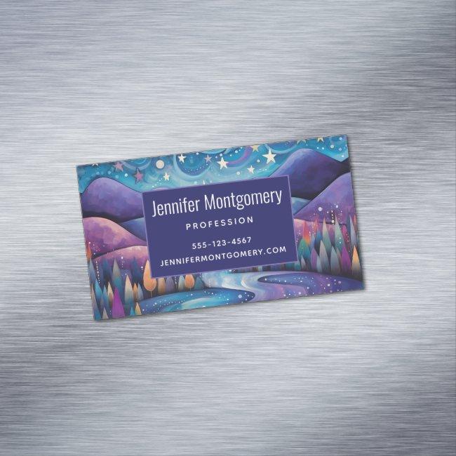 Whimsical Night Mountains and Trees Landscape Magnet