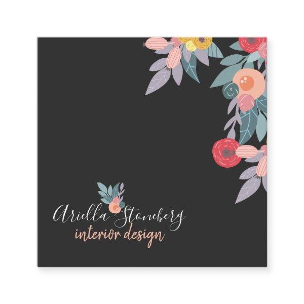 Whimsical Painted Bloom | Floral On Black Square