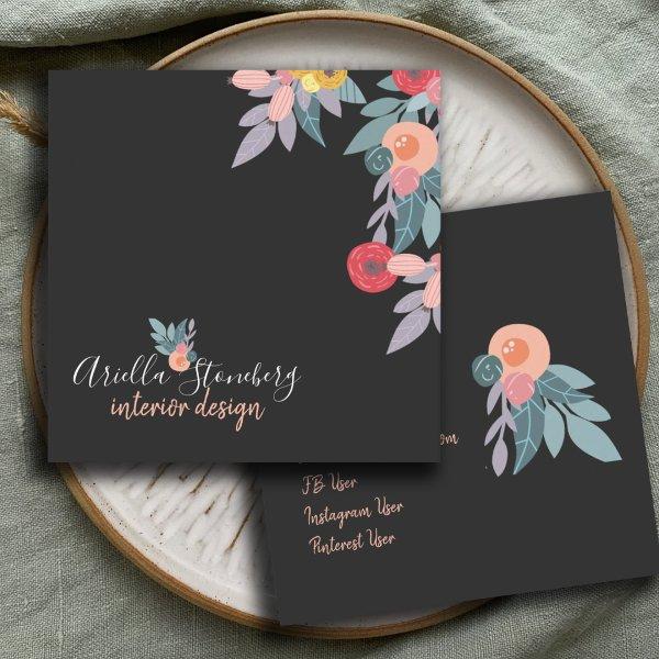 Whimsical Painted Bloom | Floral On Black Square