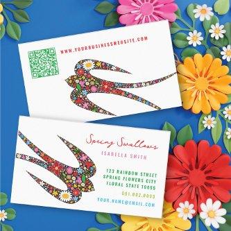 Whimsical Swallow Bird And Colorful Spring Flowers