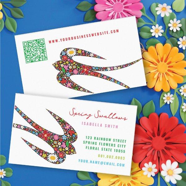 Whimsical Swallow Bird And Colorful Spring Flowers