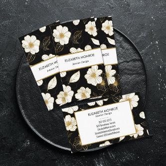 White and Gold Flowers on Black