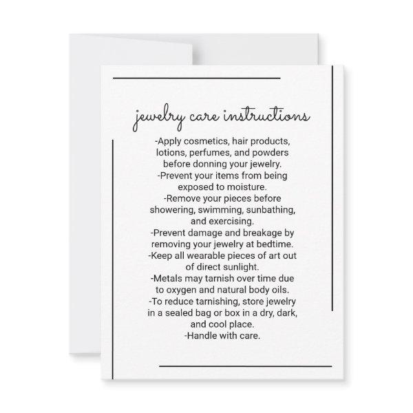 White Black Border Script Jewelry Care Instruction Note Card