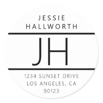 White & Black Modern Looking Return Address Classic Round Sticker