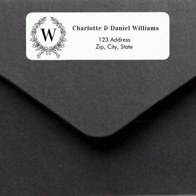White black monogram initial wreath return address label