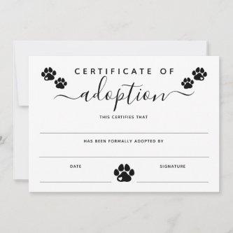 White Black Paw Prints Certificate of Adoption