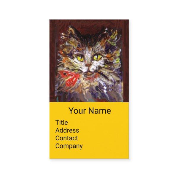 WHITE BROWN KITTY CAT PORTRAIT,RED RIBBON Yellow