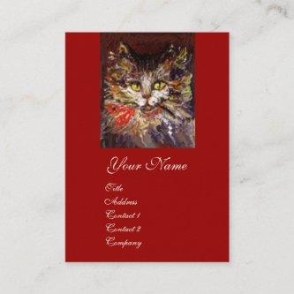 WHITE BROWN KITTY CAT PORTRAIT WITH RED RIBBON